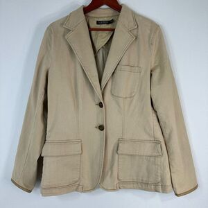 Lauren Ralph Lauren Khaki Blazer Womens 14 Sheep Leather Trim Pockets Preppy